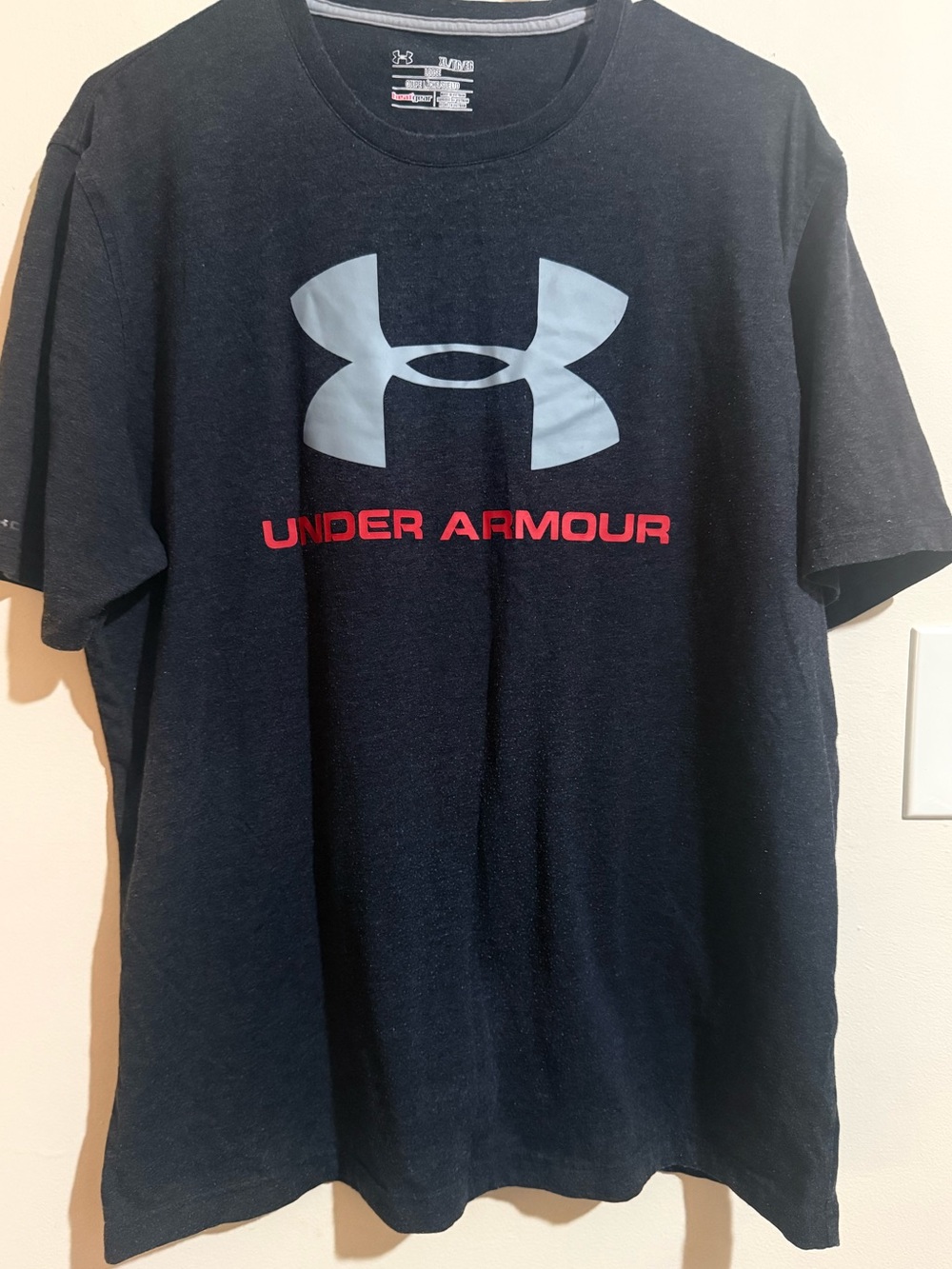 Under Armour Black Short-Sleeve Tee with Large Gray Logo and Red Text
